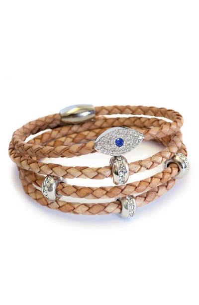 Liza Schwartz Set Of 2 Evil Eye & Good Karma Braided Leather Wrap Bracelets In Silver/ Natural