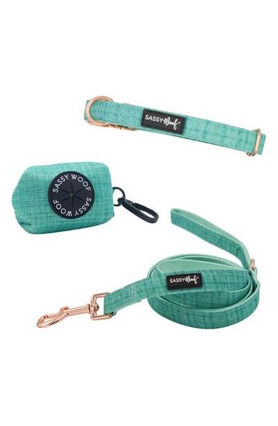 Sassy Woof Dog Bundle Collar, Leash, & Waste Bag Holder 3-piece Set In Wag Your Teal