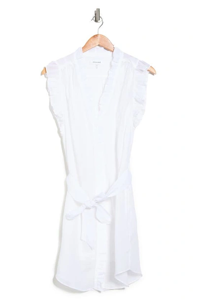 Frame Belted Ruffle-trimmed Cotton-voile Mini Dress In Blanc
