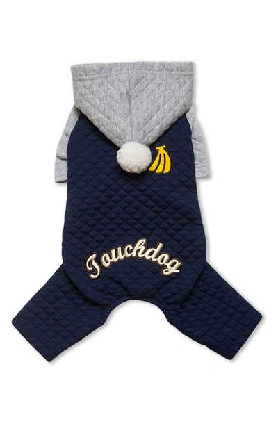 Pet Life Touchdog Quilt Hooded Full Bodied Jumpsuit In Navy/ Grey