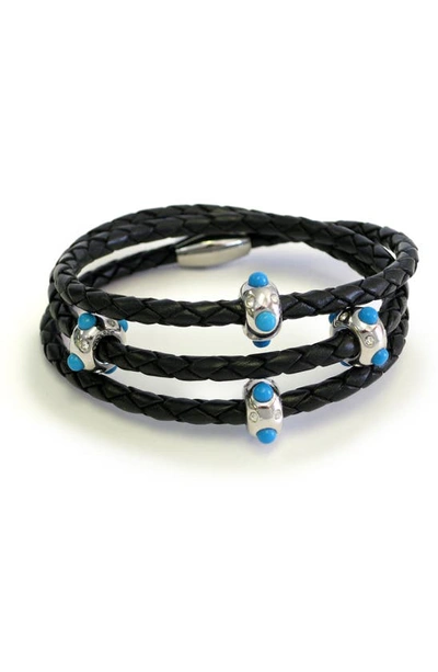 Liza Schwartz Braided Leather Triple Wrap Bracelet In Silver/black