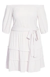 City Chic Fiesta Fringe Off The Shoulder Dress In Ecru