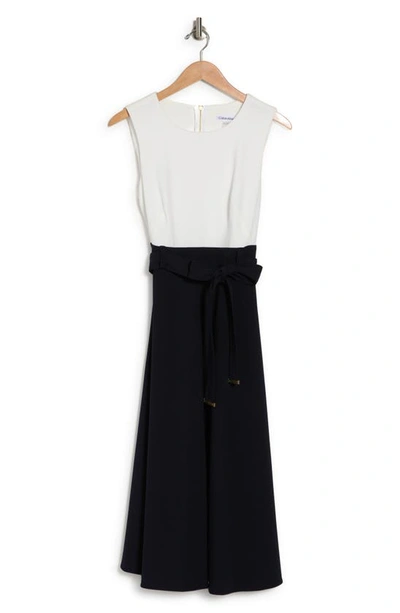 Calvin Klein Color Block Belted Midi Dress In White Indigo | ModeSens