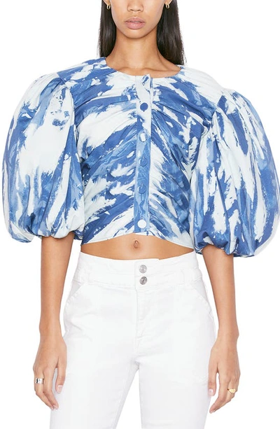 Frame Puff Sleeve Printed Cotton-blend Top In Blue-med
