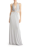 Halston Rose Shimmer Jersey Cutout Gown In Silver
