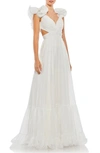 Mac Duggal Rosette Chiffon Cutout Empire Waist Gown In White
