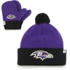 47 INFANT '47 PURPLE/BLACK BALTIMORE RAVENS BAM BAM CUFFED KNIT HAT WITH POM AND MITTENS SET