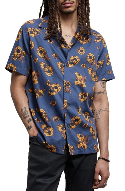 John Varvatos Danny Floral Short Sleeve Button-up Camp Shirt In Stream Blue