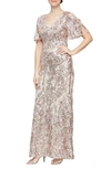 ALEX EVENINGS SEQUIN LACE COLD SHOULDER TRUMPET EVENING GOWN