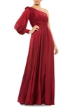 Mac Duggal One-shoulder Long Sleeve Satin Column Gown In Burgundy