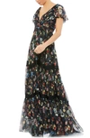 Mac Duggal Floral Print Pleated Wrap Over Butterfly Sleeve Dress In Black Multi