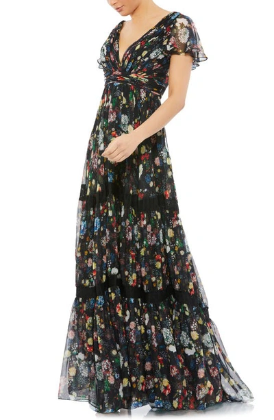 Mac Duggal Floral Print Ruffle Empire Waist Gown In Black Multi