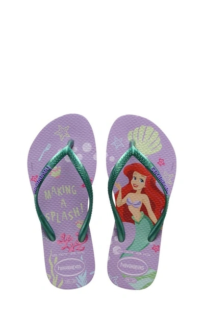 Havaianas Little Girl's & Girl's Disney Princess Flip Flops In Calm Lilac/ Metallic Green