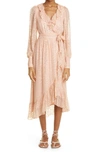 Zimmermann Ruffle Long Sleeve Silk Blend Fil Coupé Wrap Dress In Blush