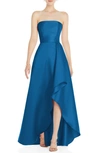 ALFRED SUNG STRAPLESS SATIN GOWN