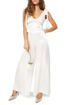 Topshop Bridal Bow Tie Shoulder Palazzo Satin Jumpsuit In Ivory-white In Ivory