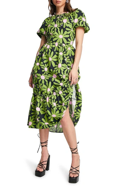 topshop daisy midi dress Topshop Cotton Bold Daisy Cross Back Poplin Midi Dress In Green - Mgreen