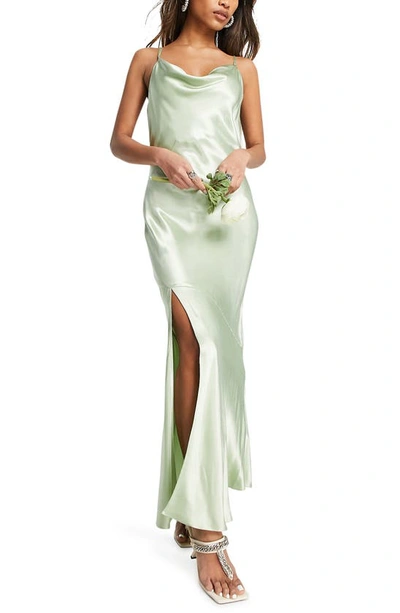 Topshop Bridesmaid Tie Back Satin Slip Dress In Sage-green