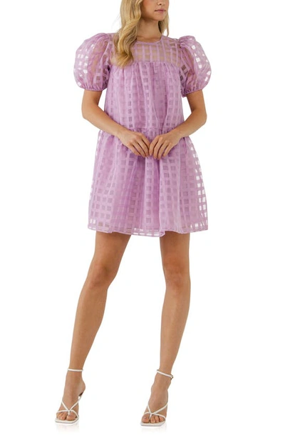 English Factory Gridded Puff Sleeve Dress In Lilac