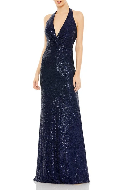 Mac Duggal Sequined Halter Strap Plunge Neck Gown In Blue