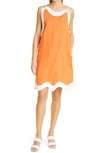 Staud Renata Scalloped Two-tone Linen Mini Dress In Tangerine/ White
