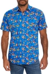 Robert Graham Gone Fishing Stretch Print Short Sleeve Button-up Shirt In Blue