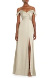Dessy Collection Off-the-shoulder Flounce-sleeve Gown In Champagne