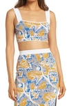 Staud Leaf-print Cropped Vest Top In Blue-med