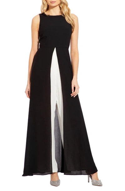 Adrianna Papell Colorblocked Overlay Jumpsuit In Black/ivory