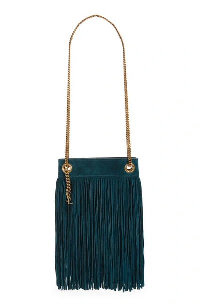 Saint Laurent Small Grace Fringe Suede Hobo In 4417 Sea Turquoise