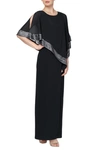 Sl Fashions Foil Trim Asymmetric Popover Capelet Gown In Black
