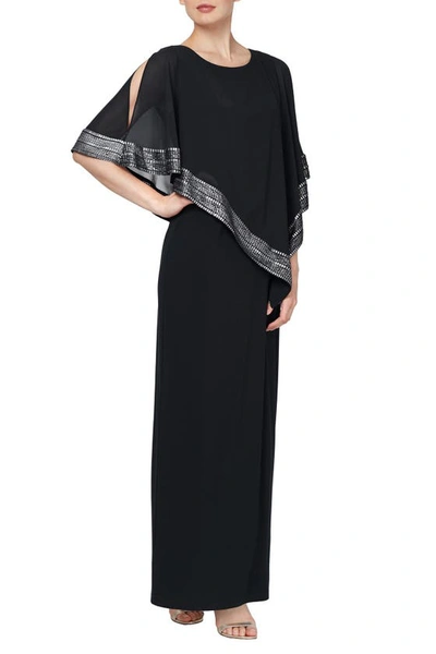 Sl Fashions Foil Trim Asymmetric Popover Capelet Gown In Black