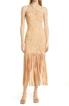 Simkhai Alisa Yarn Cutout Embroidered Fringe Midi Dress In Rattan
