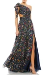 Mac Duggal Tied One Shoulder Cut-out Flowy Gown In Navy Multi