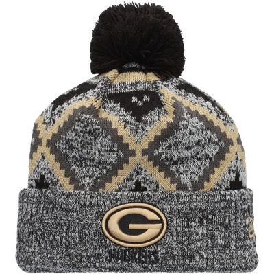 New Era Men's Black, Heathered Gray Green Bay Packers Grandpa Cuffed Knit Hat With Pom In Black/heathered Gray