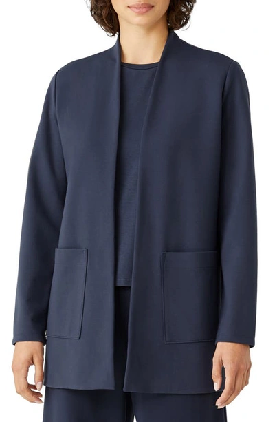 Eileen Fisher High Collar Long Jacket In Ocean