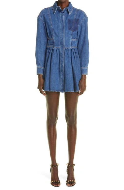 Alexander Mcqueen Pleated Denim Shirt Minidress In Blau