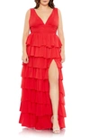 Mac Duggal Plus Size Empire Chiffon Gown With Tiered Ruffles In Red