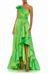 Mac Duggal Bow One Shoulder Ruffle Asymmetrical Hem Gown In Spring Green