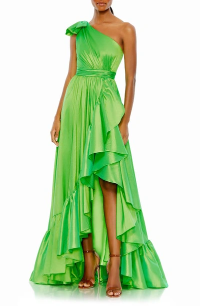 Mac Duggal Bow One Shoulder Ruffle Asymmetrical Hem Gown In Spring Green