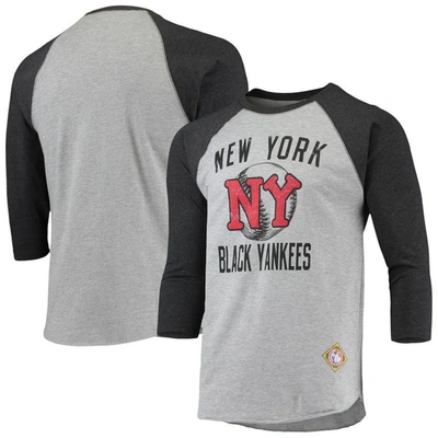 Stitches Men's  Heather Gray, Black New York Black Yankees Negro League Wordmark Raglan 3/4 Sleeve T-