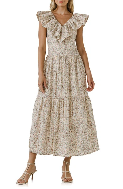 English Factory Floral Ruffle Tiered Midi Dress In Red Multi