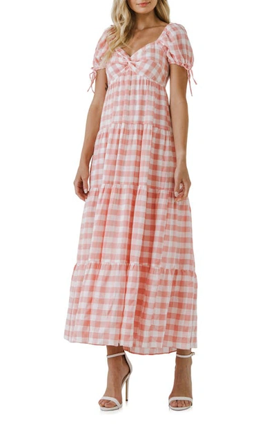 English Factory Gingham Knot Tiered Cotton Blend Midi Dress In Pink