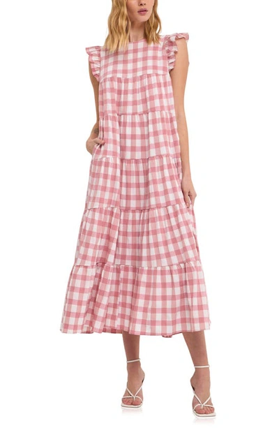 English Factory Textured Gingham Maxi Tiered Baby Doll Dress In Pink
