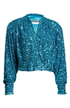 Rotate Birger Christensen Aurelia Cropped Sequined Stretch-jersey Wrap Top In Biscay Bay