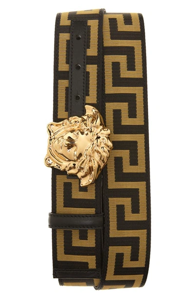 Versace First Line La Medusa La Greca Web Belt In Blackgold-