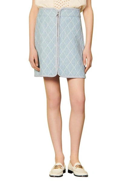 Sandro Amaya Quilted High-waisted Denim Mini Skirt In Bleu Jean/ Blanc