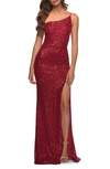 La Femme Simple One Shoulder Long Sequin Evening Gown In Red