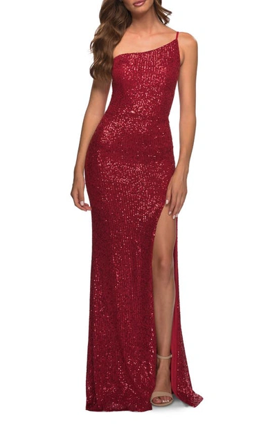 La Femme Simple One Shoulder Long Sequin Evening Gown In Red