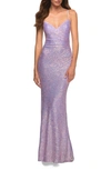 La Femme Bright Simple One Shoulder Sequin Evening Gown In Light Periwinkle